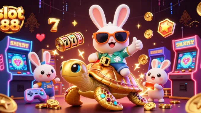 Engage with slot 88's vibrant casino adventure featuring colorful slot reels and a lucky rabbit.