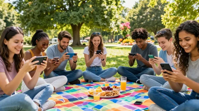Friends enjoying the mobile game Teen Patti Gold in the park, highlighting community and fun.