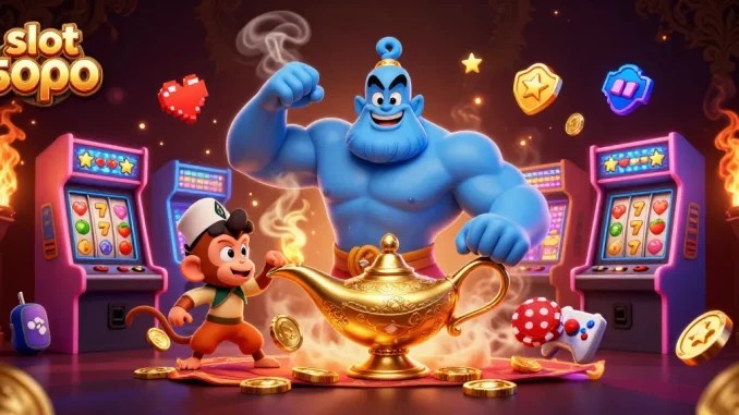 Experience exciting slot depo 5000 action featuring a genie bursting from a lamp and vibrant game elements.