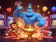 Experience exciting slot depo 5000 action featuring a genie bursting from a lamp and vibrant game elements.