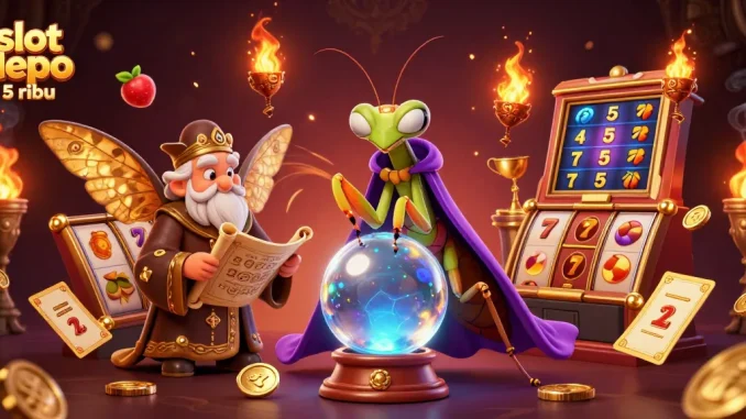 Experience the excitement of slot depo 5 ribu with captivating 3D illustrations showcasing fortune tellers and vibrant gaming elements.