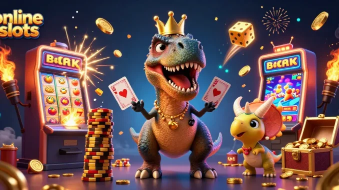 Experience thrilling online slots action with cartoon dinosaurs in a vibrant casino scene.