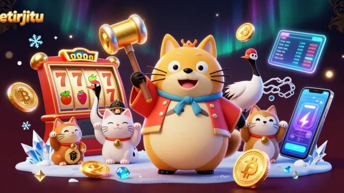 Bermain di petirjitu dengan keberuntungan, deretan slot, dan kucing maneki-neko yang membawa keberuntungan.
