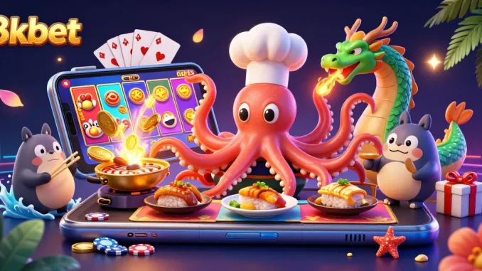 Experience exciting casino gaming with 8xbet featuring vibrant characters cooking, slot games, and gold coins.