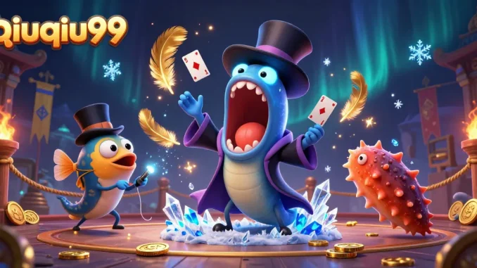 Engage with qiuqiu99 as the deep-sea characters showcase thrilling card tricks and magic in a vibrant casino-themed setting.
