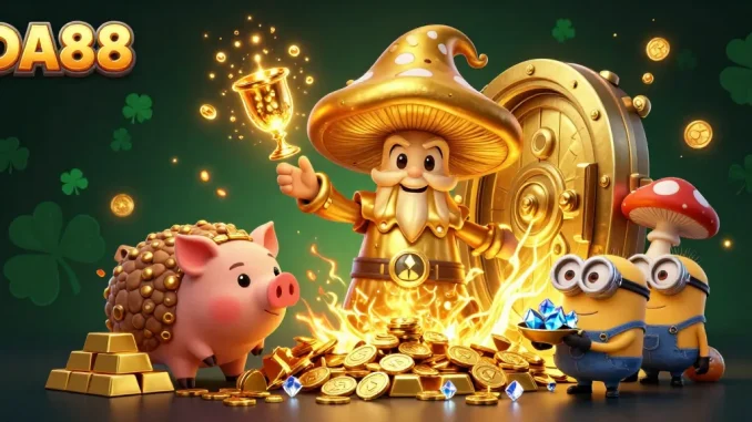 DA88 reveals treasures in a vibrant, dynamic casino scene with magical golden elements and sparkles.