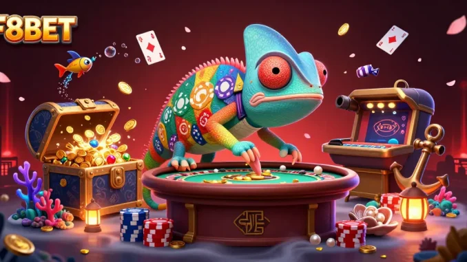 F8BET captivates players with thrilling casino experiences, amidst colorful treasures in a vibrant scene.