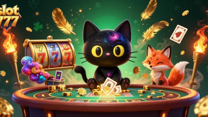 Experience thrilling slot 777 gameplay with a cosmic twist in this illustrated casino scene.