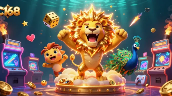C168 spins colorful retro game machines and golden dice in a vibrant 3D casino scene, celebrating thrilling bets.