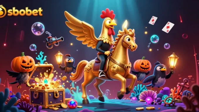 sbobet offers thrilling bets with a golden rooster headless horseman in a vibrant casino scene.