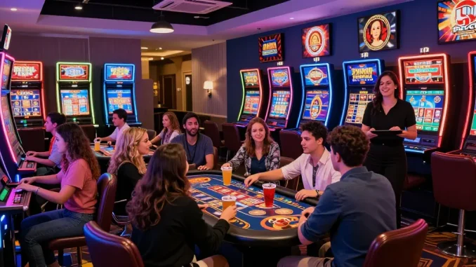 Exciting casino gaming scene showcasing friends enjoying Free No Deposit Bonus offers in a vibrant lounge atmosphere.