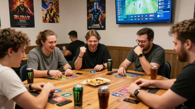 Exciting gaming scene showcasing sunwin card players in vibrant lounge atmosphere.