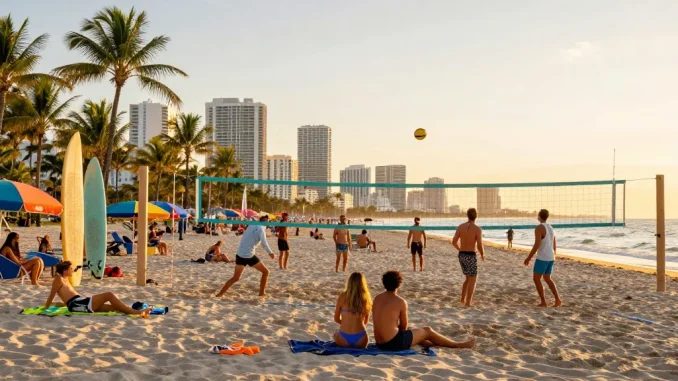 Aktivitas bersenang-senang di pantai Miami, https://miami4d.com/ dengan teman-teman, bola voli, dan pemandangan kota yang indah.