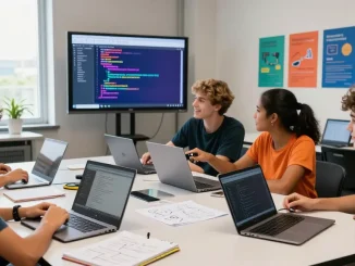 Students collaboratively coding and engaged in a technology workshop, showcasing the slot for creativity and learning.