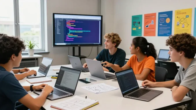 Students collaboratively coding and engaged in a technology workshop, showcasing the slot for creativity and learning.