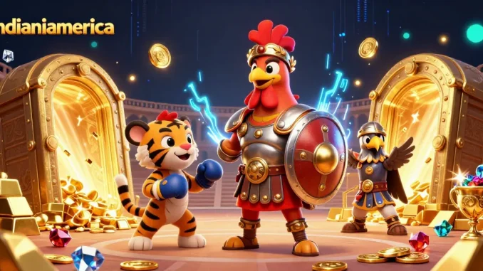 Engage with indianiamerica in this dynamic 3D illustration showcasing a rooster gladiator and treasures.