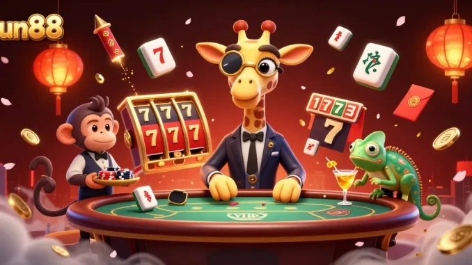 Experience thrilling gaming at jun88 with a high-roller giraffe and vibrant casino elements.