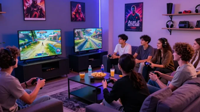 Friends enjoying a gaming session in a vibrant hit club atmosphere with cozy seating and colorful lighting