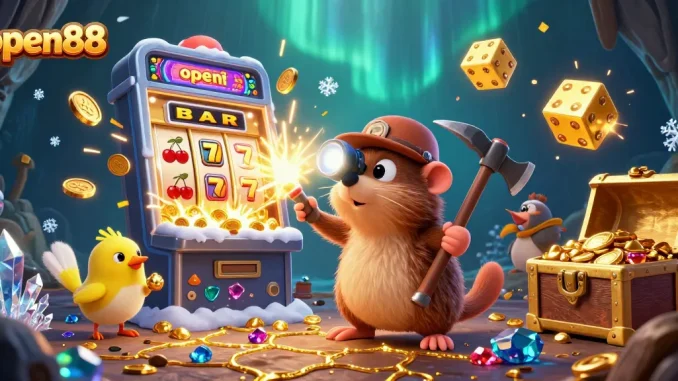 Experience the thrill of open88 with a treasure hunter exploring a jackpot-filled casino