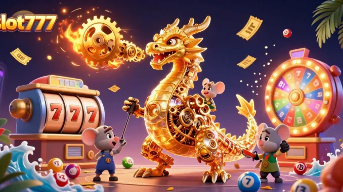 Menang besar di slot777, gambar ilustrasi kasino 3D dengan naga emas dan elemen permainan lotere.