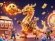Menang besar di slot777, gambar ilustrasi kasino 3D dengan naga emas dan elemen permainan lotere.