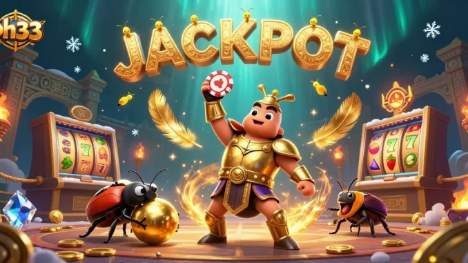 Experience the thrill of winning on ph33 with a lively scene depicting a gladiator beetle celebrating over a jackpot.