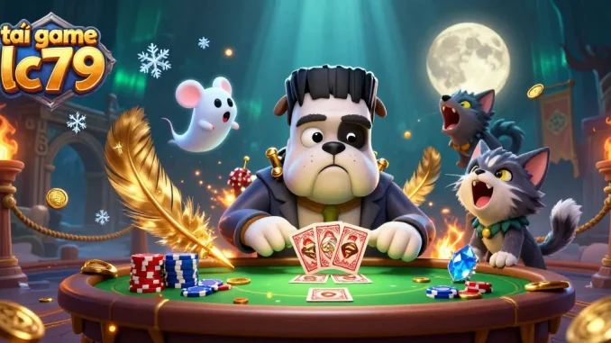 Tải game lc79 với hình ảnh vui nhộn từ quái vật bulldog và mèo sói trong casino đầy màu sắc.