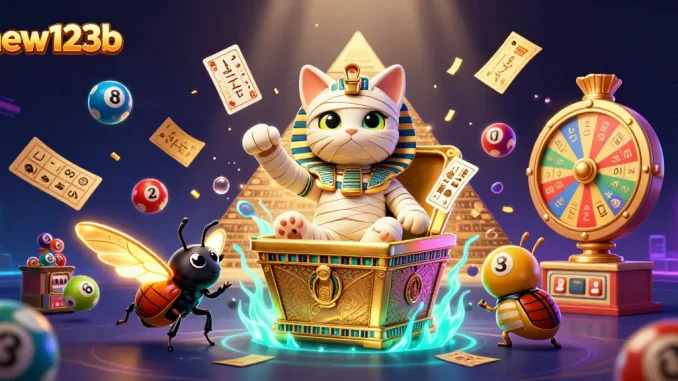 Engage with new123b's exciting casino atmosphere featuring a mummy cat and vibrant lottery elements.