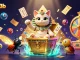 Engage with new123b's exciting casino atmosphere featuring a mummy cat and vibrant lottery elements.