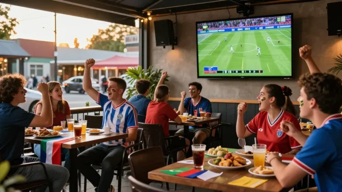 Fans enjoying كورة لايف match with drinks, snacks, and team flags at outdoor café source.
